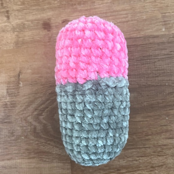 Hand Crafted Crochet Chill Pill Pink Gray Plush Super Soft Emotional Support - Picture 3 of 13